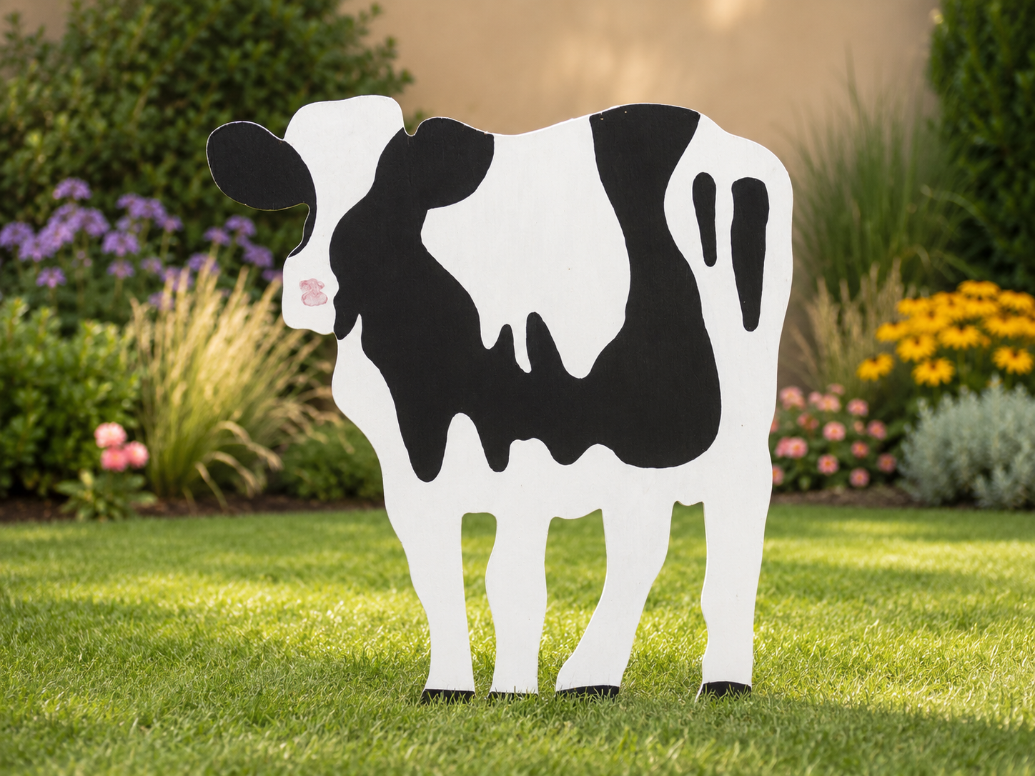 Black and white plywood cow yard art displayed on green grass with colorful garden plants