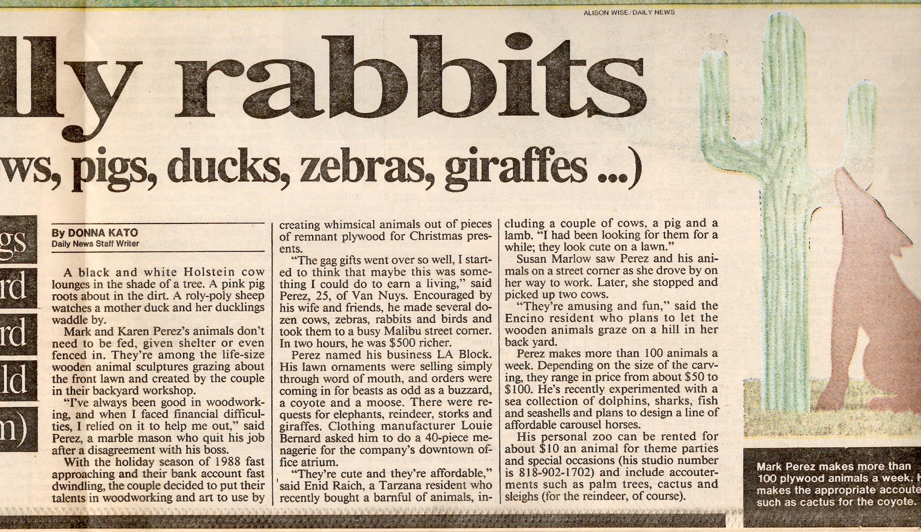 1989 Daily News article documenting the original Cutout Ranch life-size plywood animals