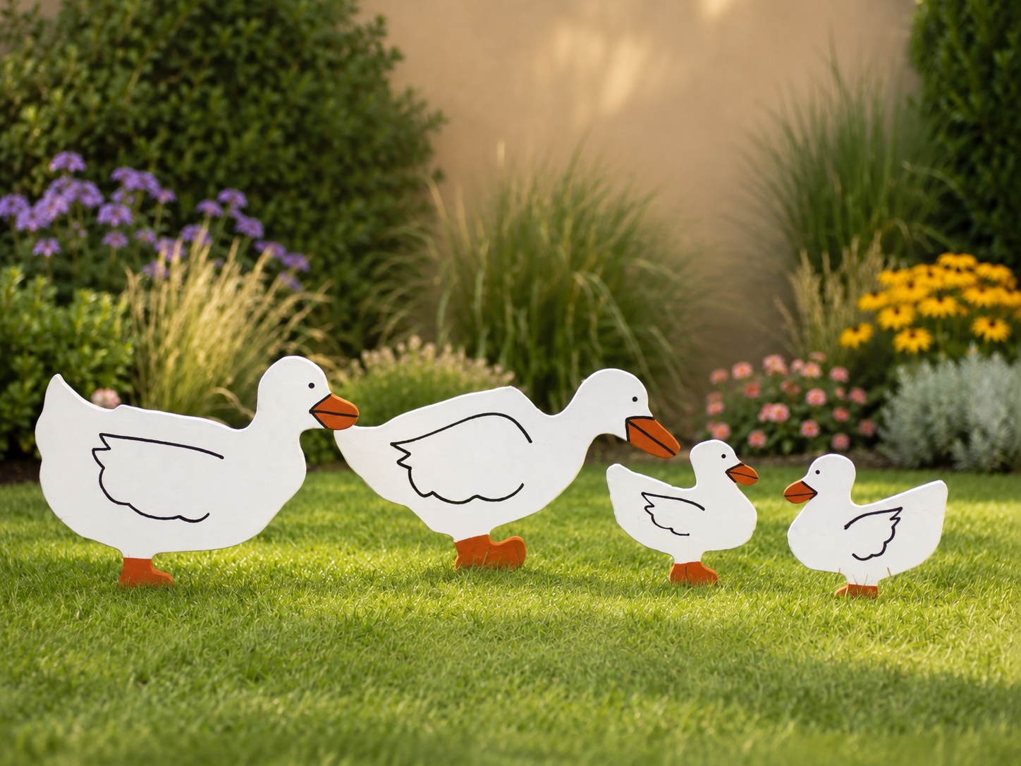 Plywood duck family yard art displayed together on green grass with colorful garden plants