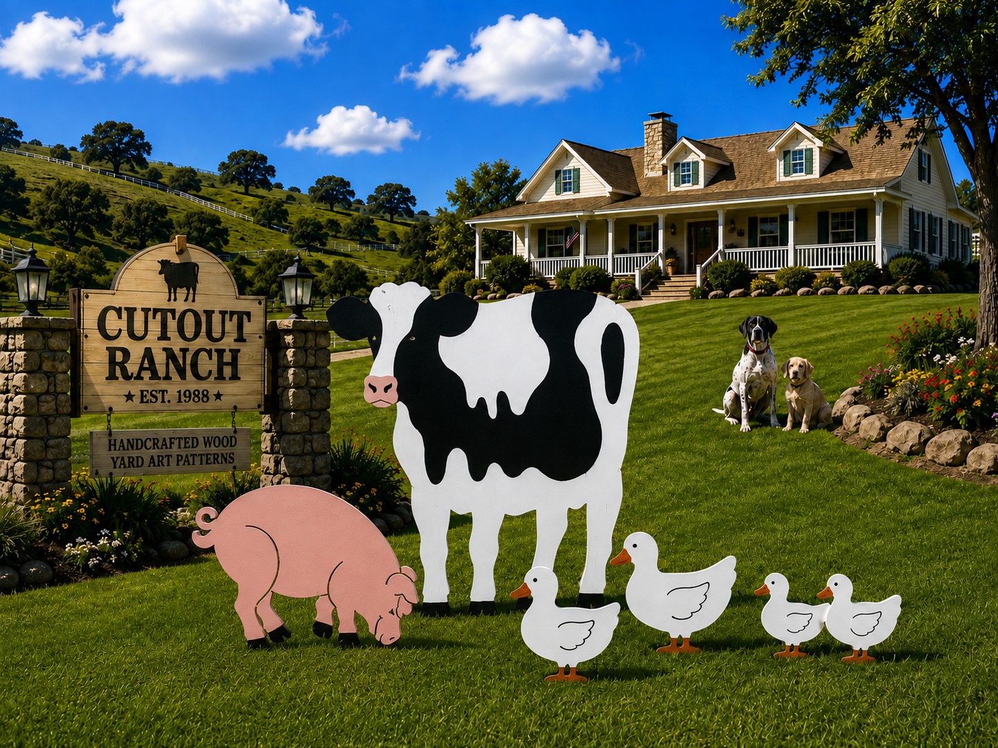 Life-size plywood cow, pink pig and duck family yard art displayed on a ranch lawn