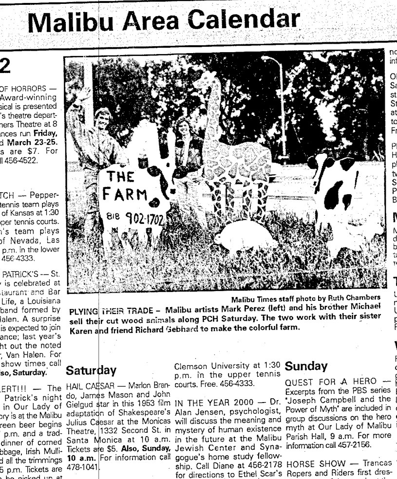 Malibu Times newspaper clipping from 1989 showing the original plywood animals offered along PCH