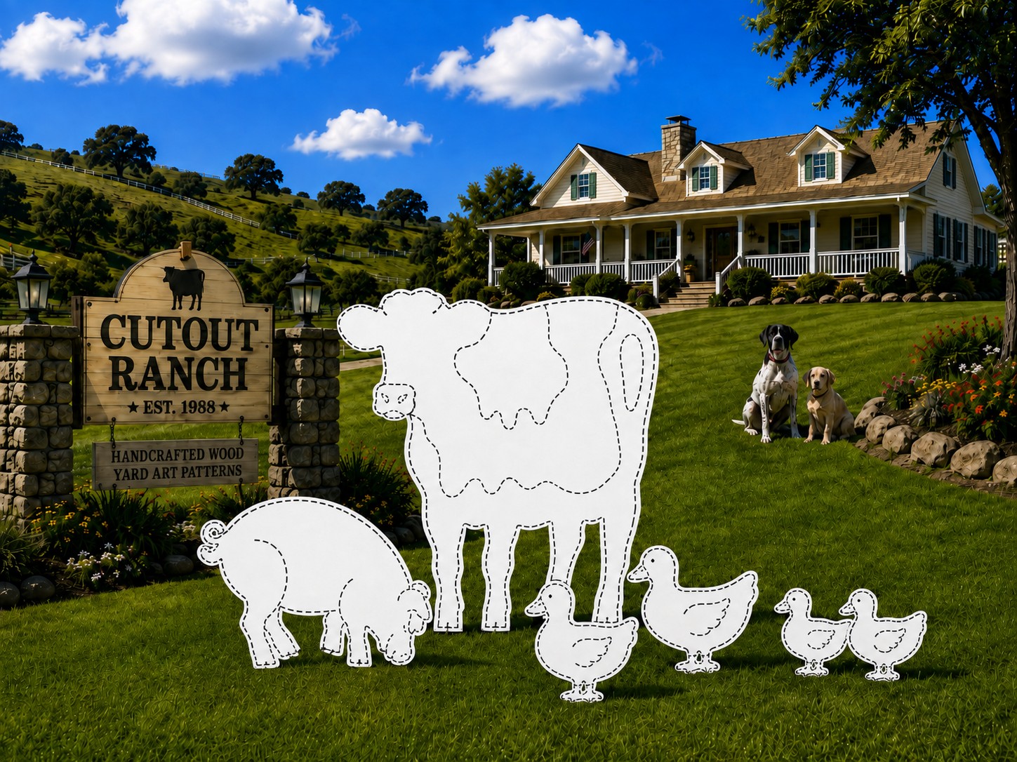 Full-size plywood cow, pig and duck family yard art pattern outlines and detail guides