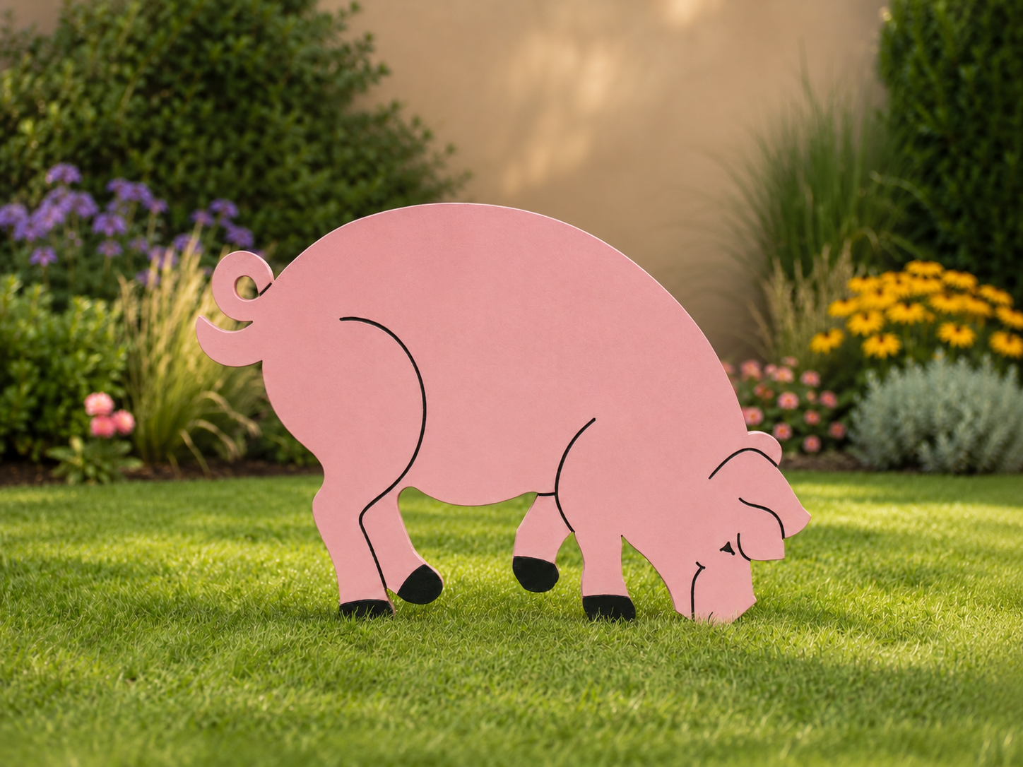 Pink plywood pig yard art displayed on green grass with colorful garden plants